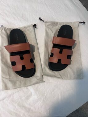 Hermès Brown Leather H-Strap Slide Sandals